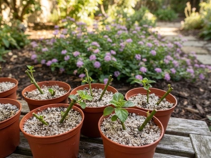 Estacas de lantana rasteira sendo preparadas para enraizamento