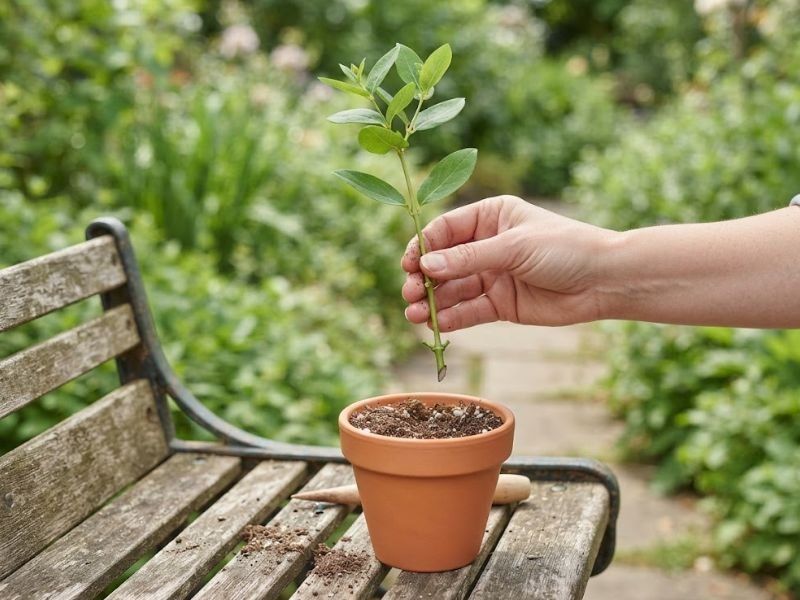Mão segurando estaca de madressilva pronta para plantar em vaso com substrato