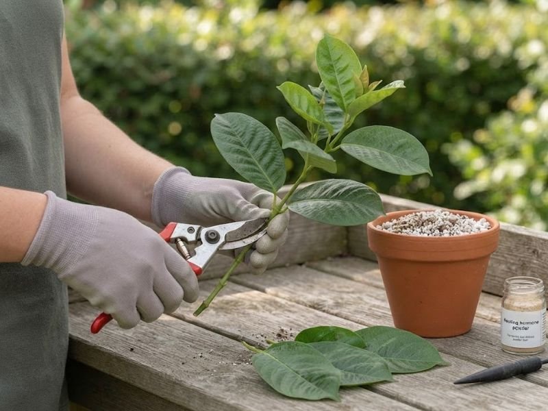 Estaca de mandevilla sendo preparada para plantio em pequeno recipiente com substrato.