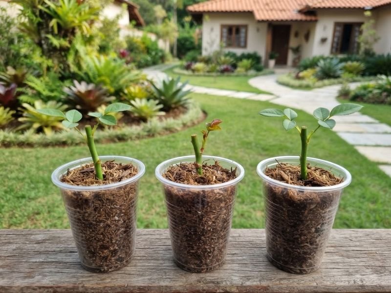 Três estacas de mini rosa em recipientes com substrato para enraizamento.