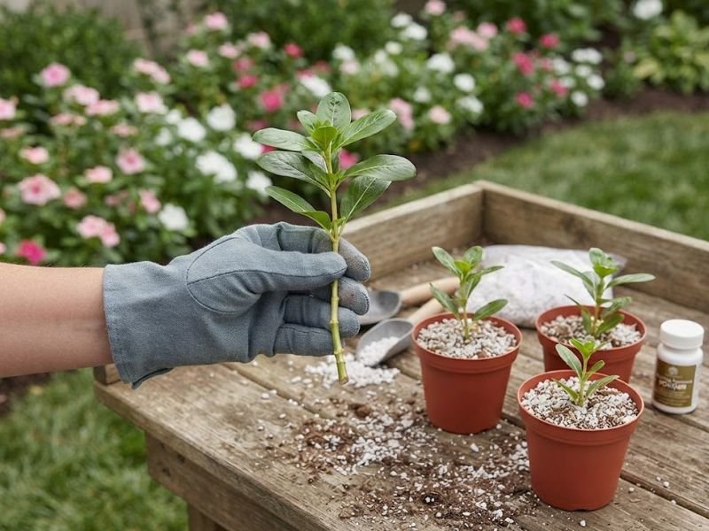 Estaca de vinca sem flores sendo preparada ao lado de pequenas mudas