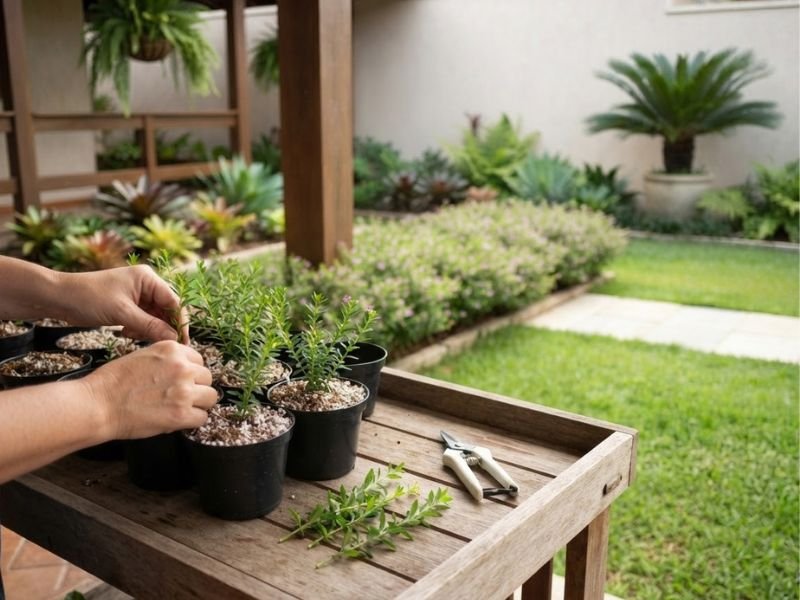 Pequenas estacas de falsa érica sendo plantadas em vasos para formação de novas mudas.