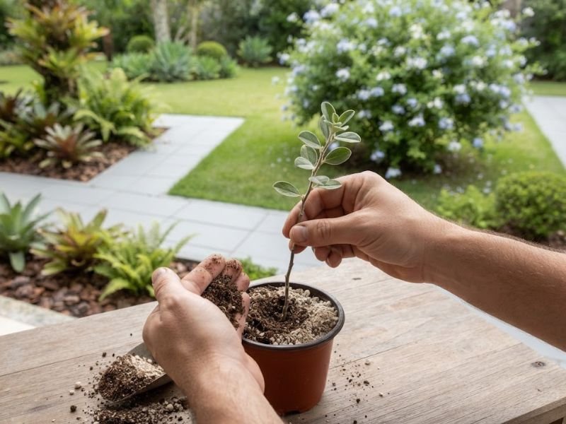 Estaca de flor azulzinha sendo plantada em pequeno recipiente com substrato