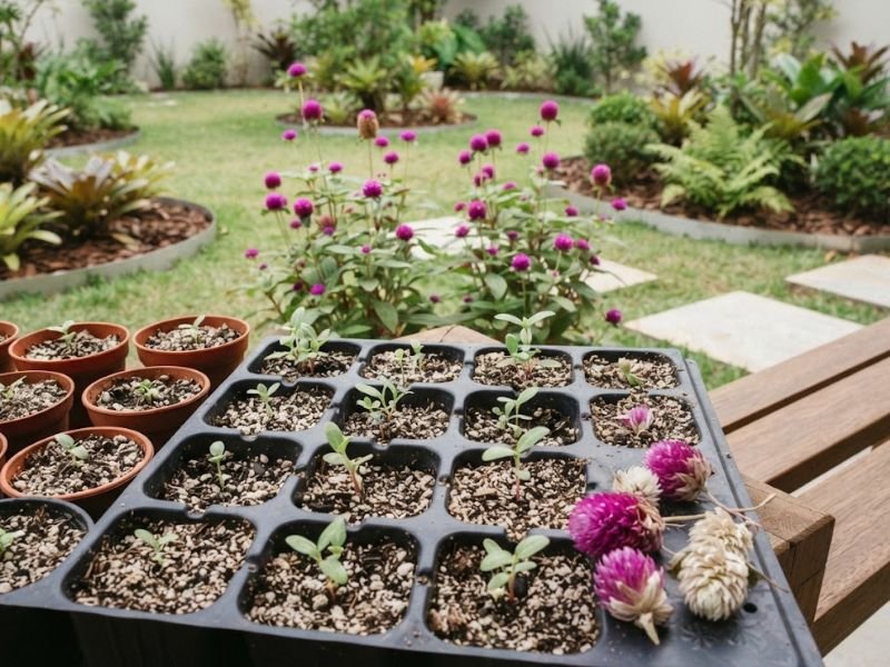 Mudas jovens de flor perpétua crescendo em bandeja com flores secas ao lado