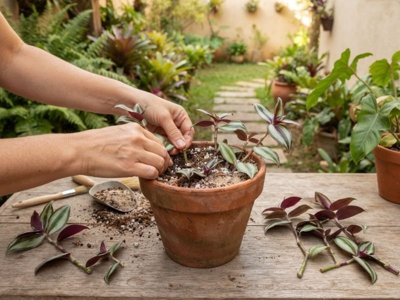 Mãos plantando estacas de lambari roxo em vaso com substrato leve