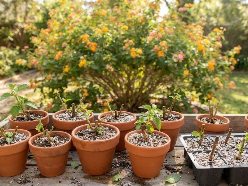 Estacas de Lantana camara plantadas em pequenos recipientes para enraizamento