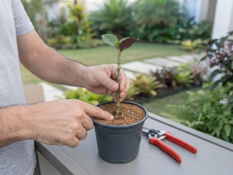 Estaca de planta cotonete com folhas verdes plantada em substrato para enraizamento dentro de um vaso.
