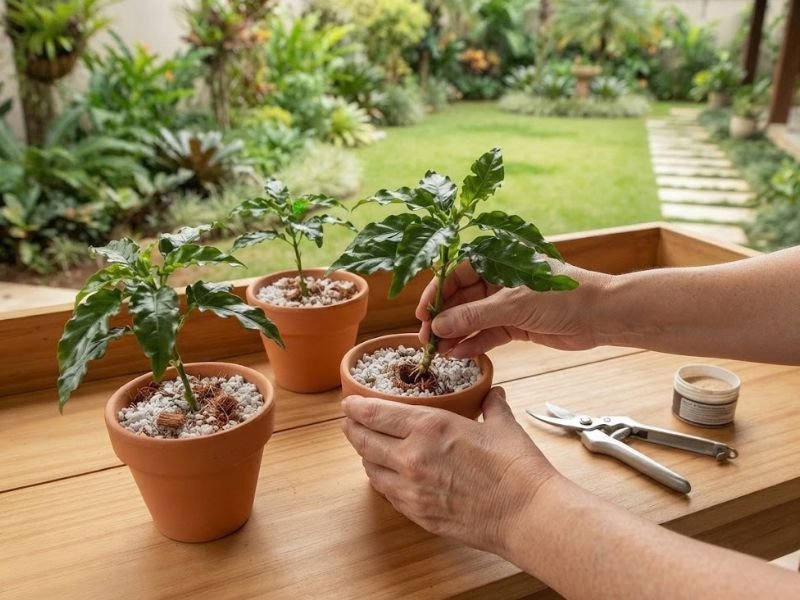 Pessoa plantando uma estaca de crossandra em pequeno vaso sobre bancada de jardinagem com outras mudas.