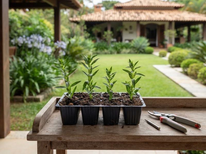 Mudas de angelônia por estacas plantadas em pequenos recipientes com substrato