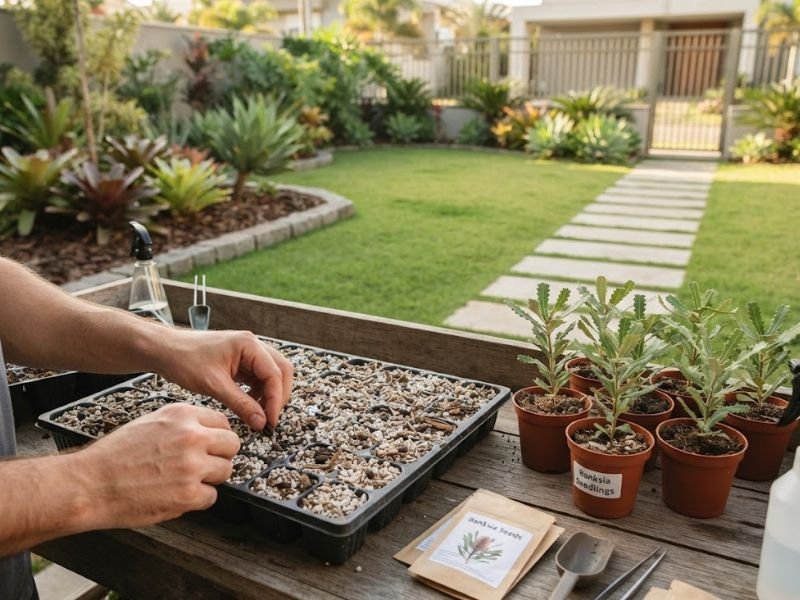Sementes e pequenas mudas de banksia em recipientes de cultivo
