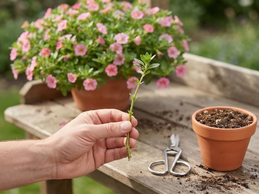 Muda de calibrachoa sendo preparada a partir de ramo saudável sem flores