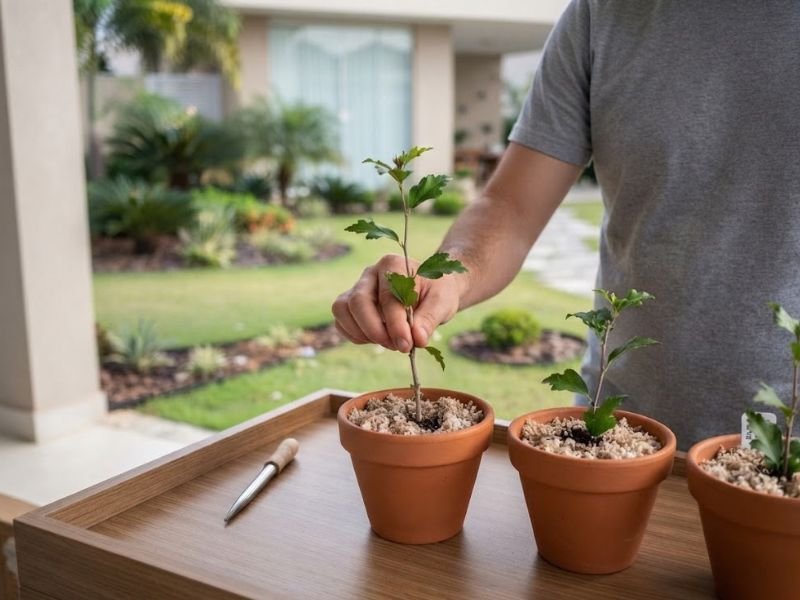 Pessoa posicionando uma estaca de hibisco da Síria em vaso de terracota sobre bancada com outras mudas.