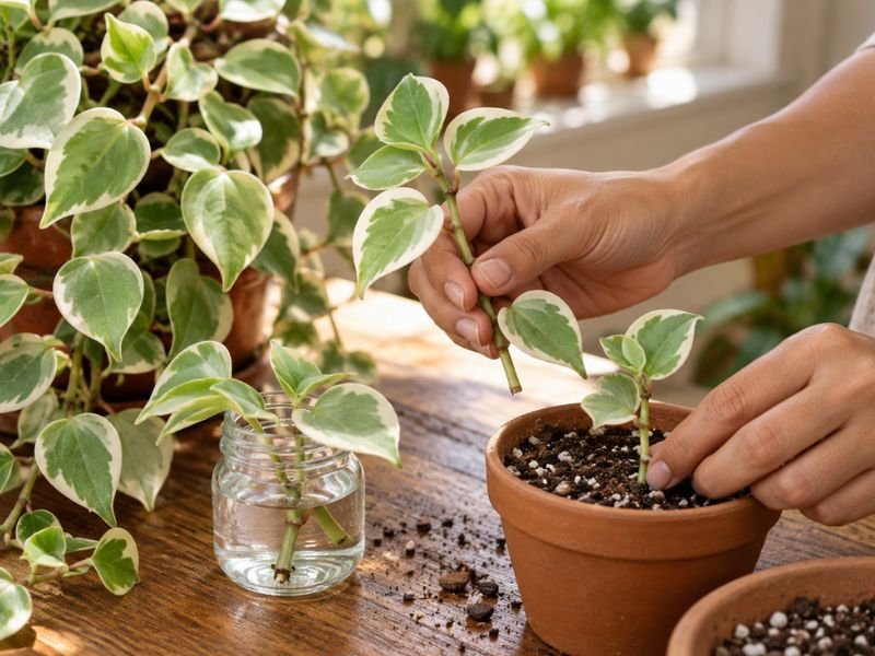 Estacas de Peperomia scandens variegata preparadas para enraizamento em água e plantio em substrato.