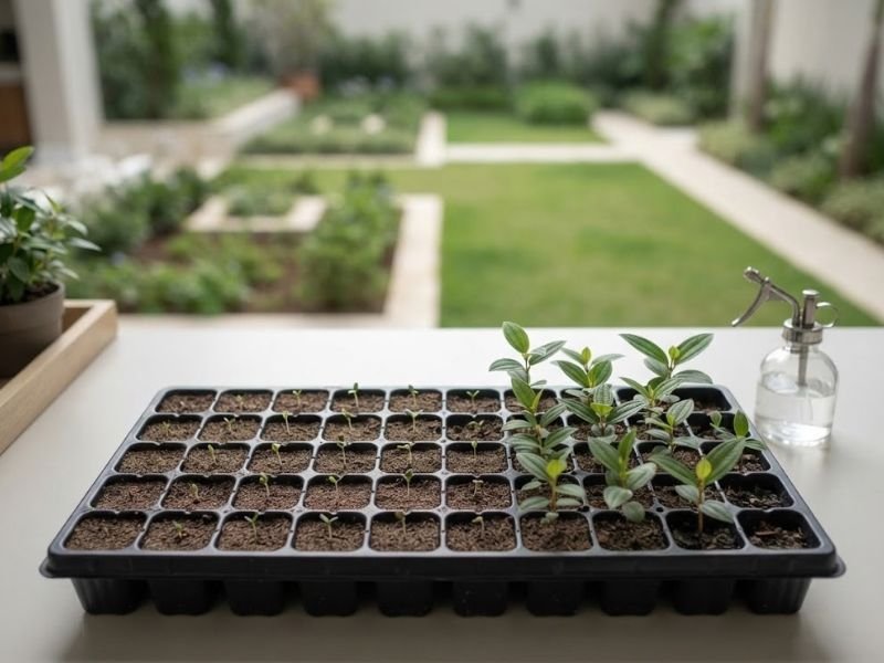 Bandeja de germinação com pequenas plântulas e mudas em diferentes estágios de desenvolvimento sobre bancada de jardinagem.