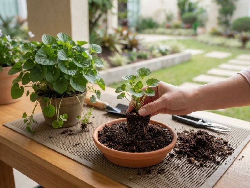 Pessoa plantando muda enraizada de Viola odorata em vaso durante a propagação por divisão.