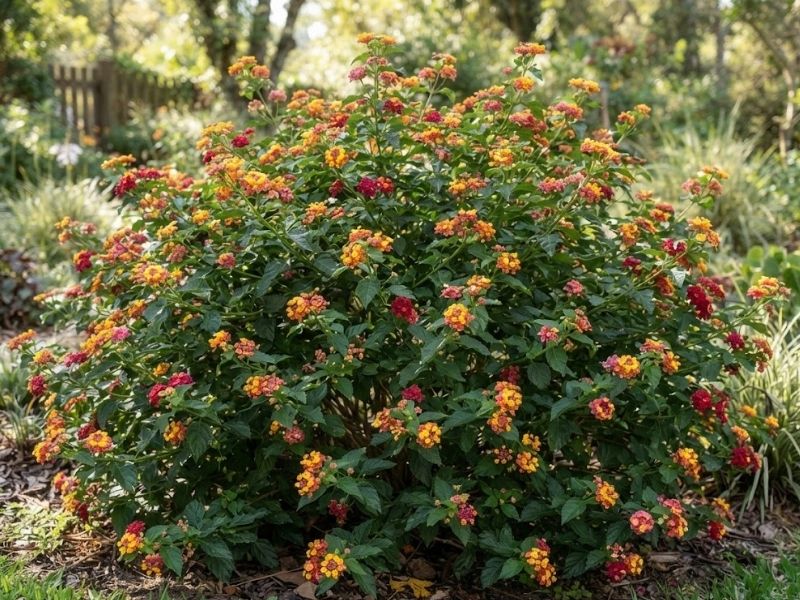 Arbusto de Lantana camara ramificado desde a base com flores multicoloridas