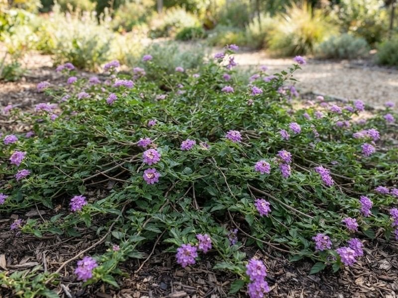 Lantana rasteira formando cobertura baixa com flores lilases no canteiro
