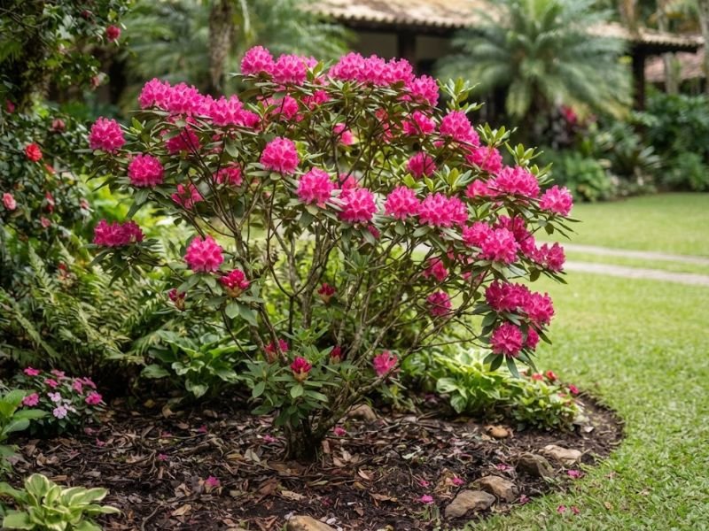 Rododendro arbustivo com folhas verdes coriáceas e flores rosadas