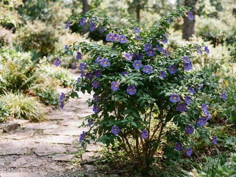 Tumbérgia arbustiva com flores violetas e crescimento ramificado desde a base