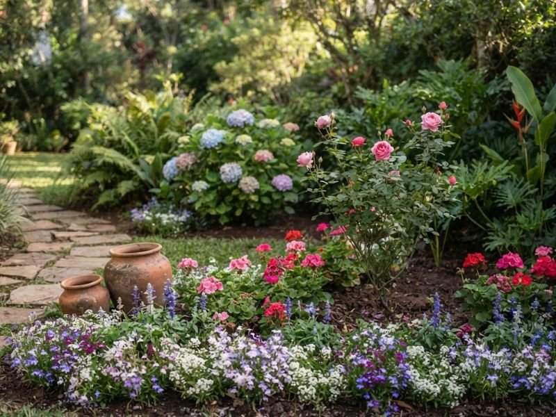 Jardim da vovó organizado com roseiras, gerânios, hortênsias, flores baixas e vasos de barro.