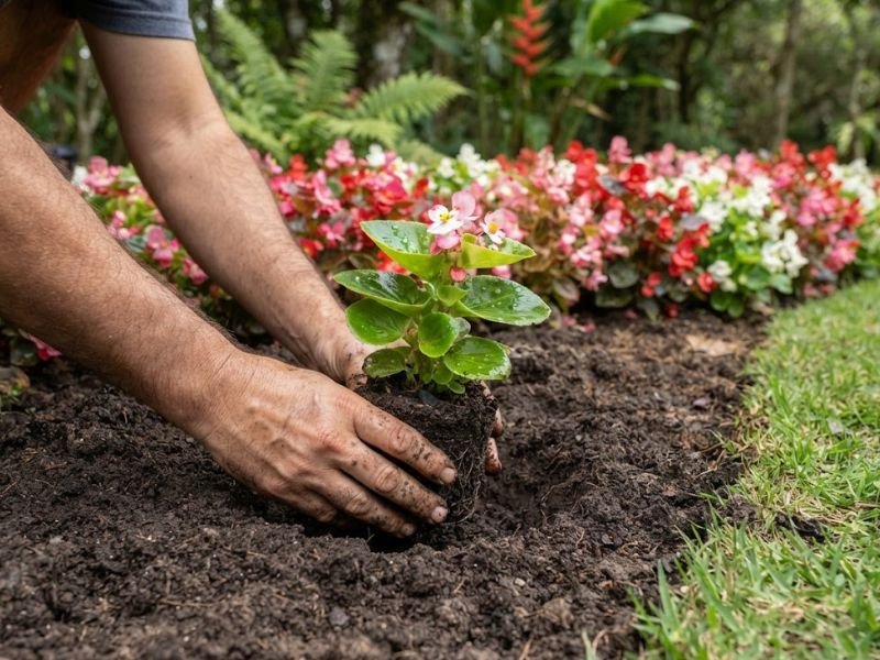 Mãos plantando muda pequena de begônia de cera em canteiro de jardim