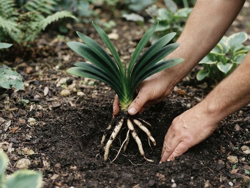 Muda de clívia miniata sendo plantada em canteiro de meia-sombra