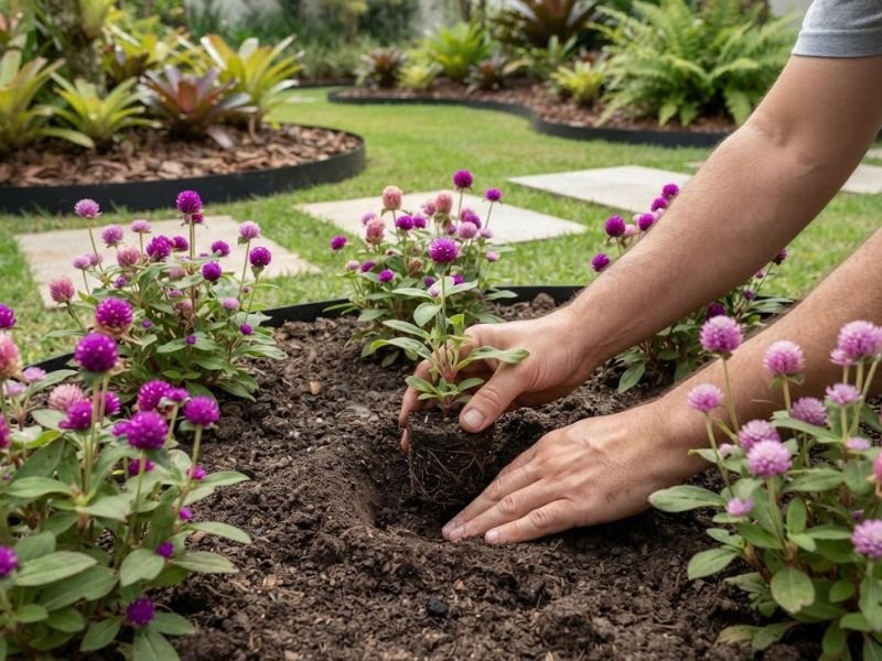 Muda de flor perpétua sendo plantada com torrão em canteiro preparado