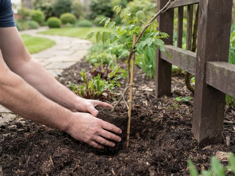 Muda jovem de glicínia sendo plantada próxima a uma estrutura de madeira