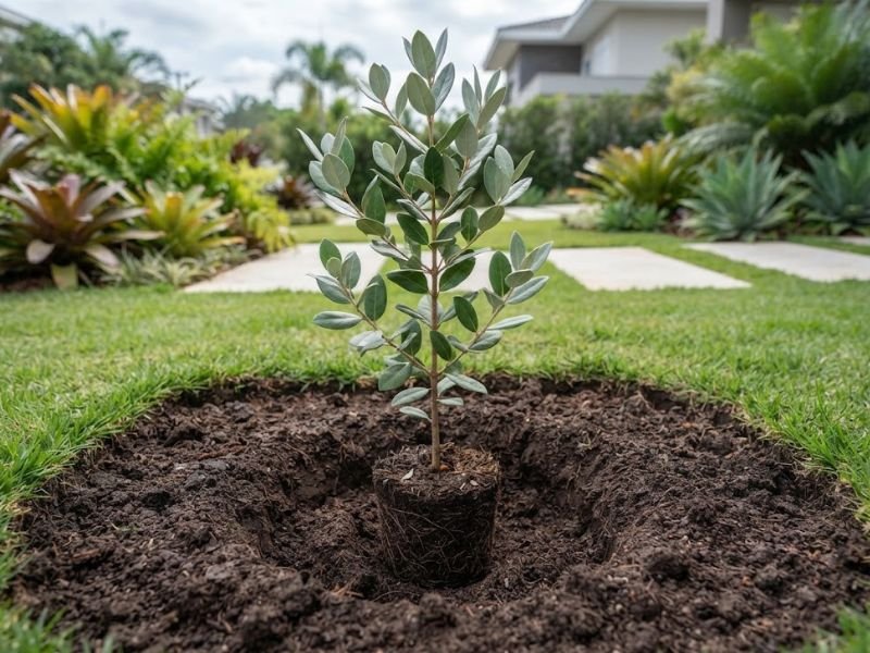 Muda de goiaba serrana posicionada em cova preparada para o plantio no jardim