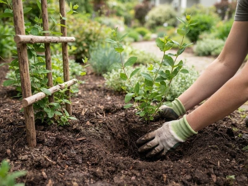 Pessoa plantando muda de madressilva ao lado de suporte de madeira no jardim