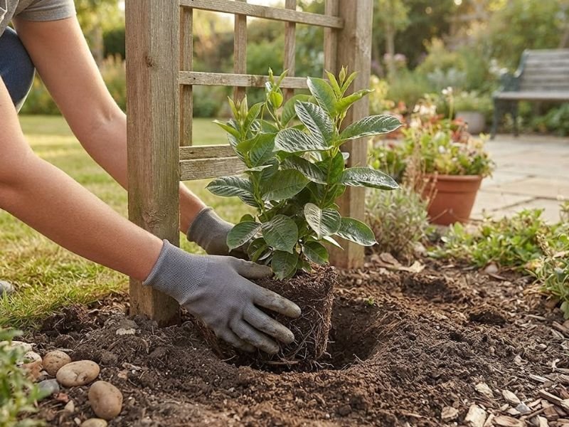 Muda de mandevilla sendo plantada junto à estrutura de um pergolado de madeira.