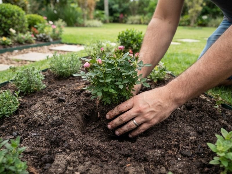 Mãos plantando uma mini rosa cor-de-rosa diretamente em canteiro de jardim.