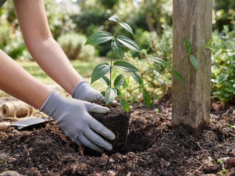 Muda de sapatinho de judia sendo plantada no solo próximo ao pilar de um pergolado
