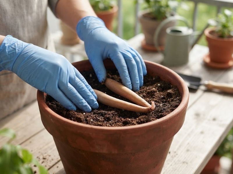 Mãos com luvas posicionando tubérculos de gloriosa sobre o substrato de um vaso