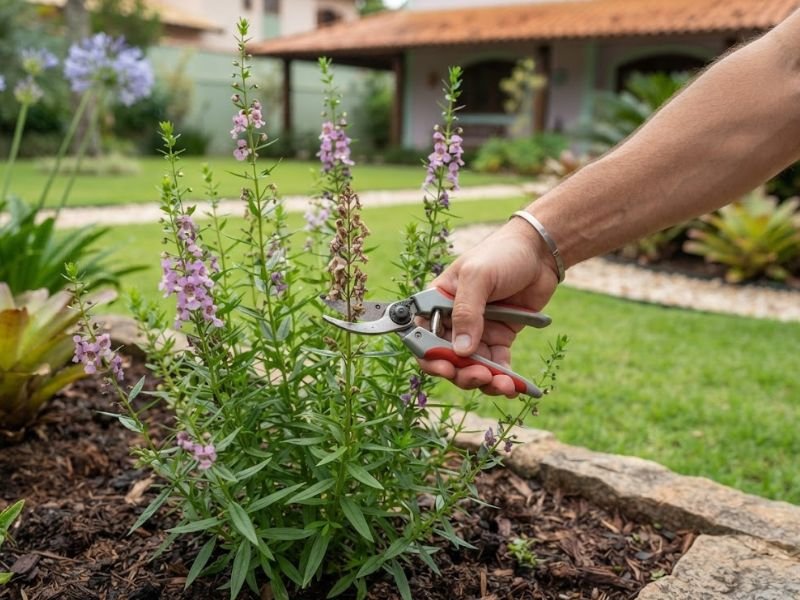 Poda de haste floral seca da angelônia com tesoura de jardinagem