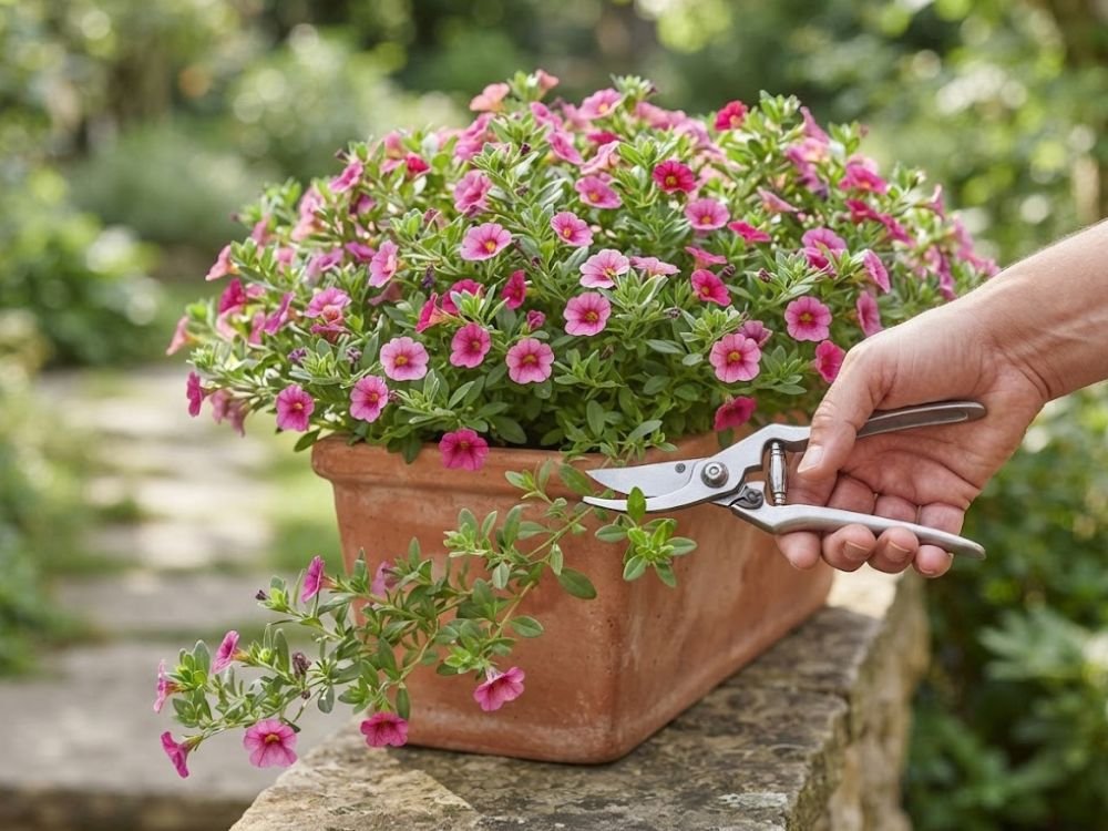 Poda de calibrachoa com corte de ramos compridos para estimular novas brotações