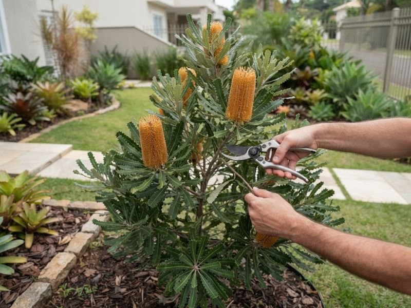 Pessoa realizando poda leve em ramo de banksia no jardim