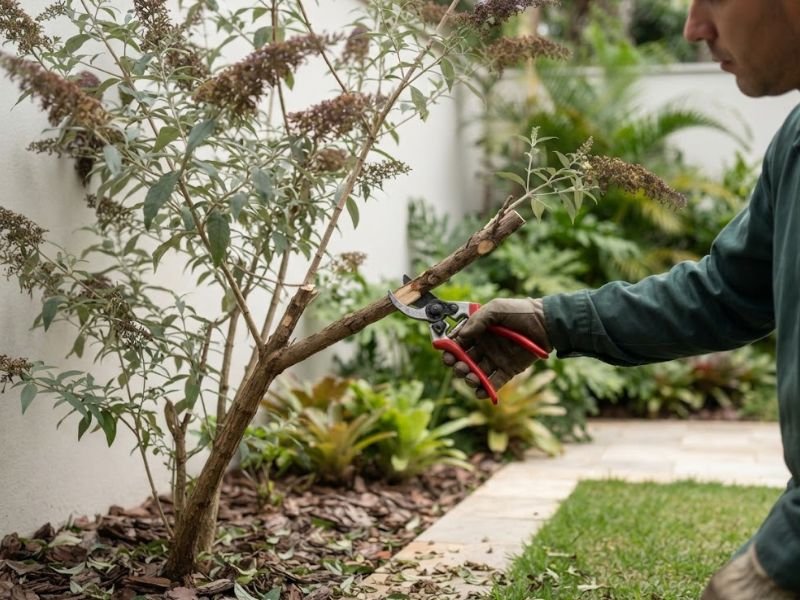 Pessoa realizando poda de renovação em ramo lenhoso de buddleia
