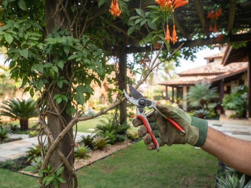 Mão com luva posiciona tesoura de poda acima de uma ramificação saudável do cipó de são joão.