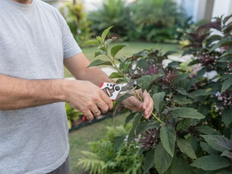 Poda de manutenção em clerodendro cotonete utilizando tesoura de jardinagem para controlar o crescimento dos ramos.