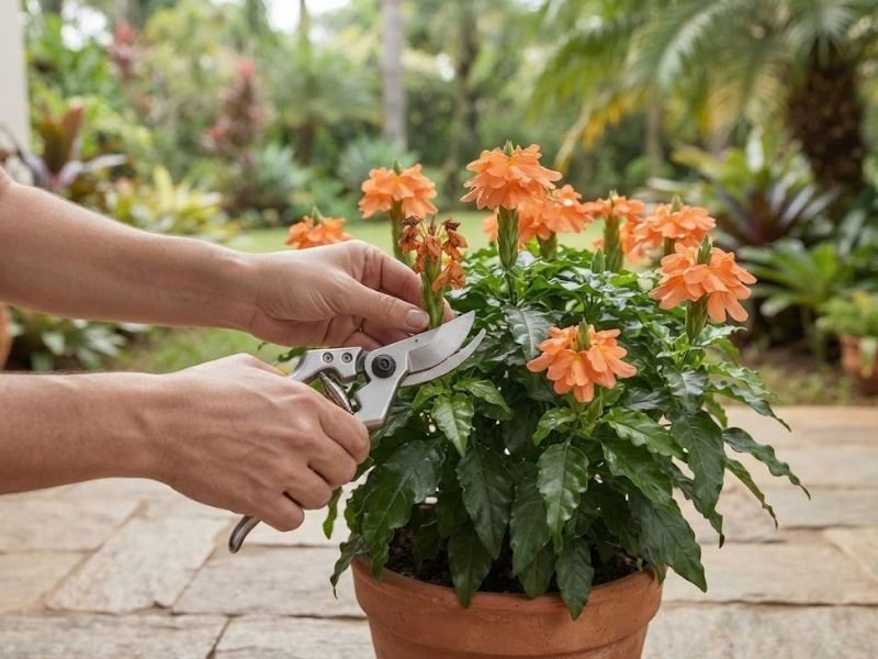 Pessoa utilizando tesoura de poda para remover uma inflorescência seca de crossandra cultivada em vaso.