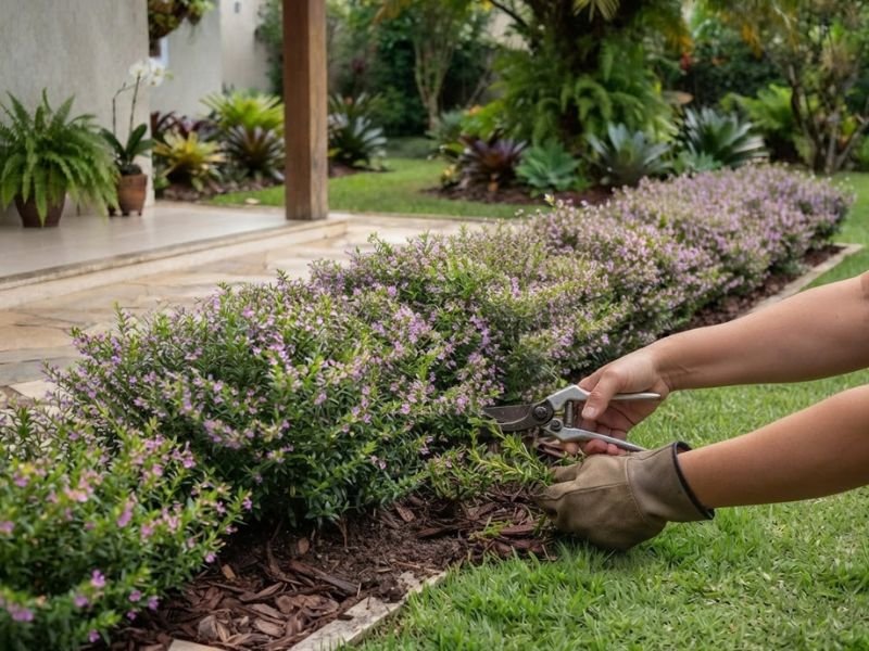 Poda leve sendo realizada nos ramos de falsa érica cultivada em bordadura no jardim.