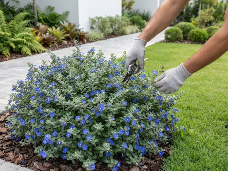 Pessoa fazendo poda leve em ramos da flor azulzinha com tesoura de jardinagem
