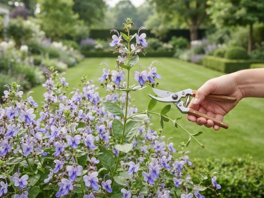 Poda de ramo da flor borboleta azul com tesoura de jardinagem