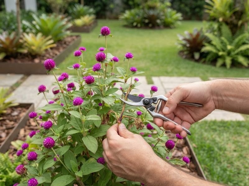 Pessoa cortando haste seca da flor perpétua com tesoura de poda