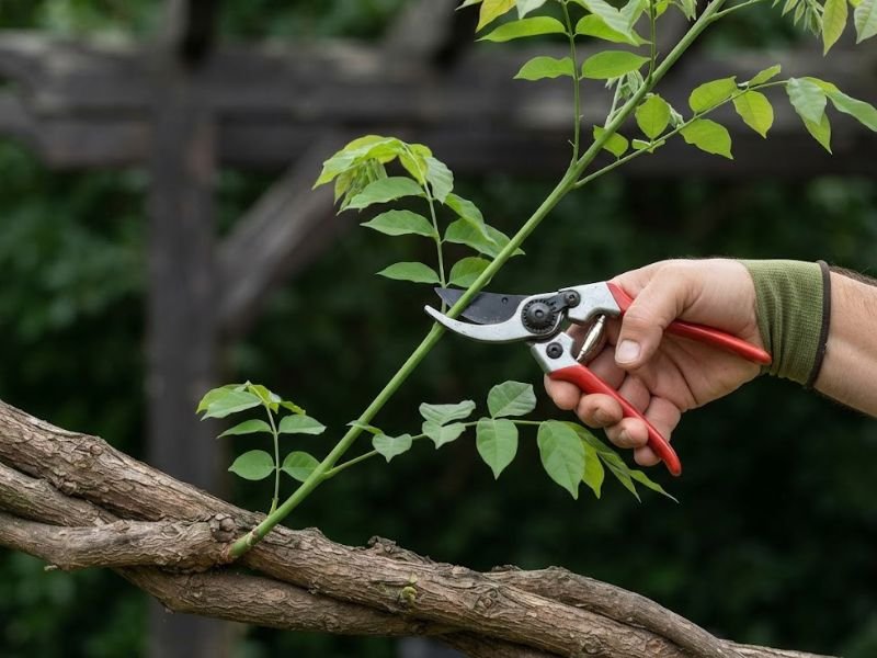 Pessoa podando ramos de glicínia cultivada em pergolado com tesoura de poda
