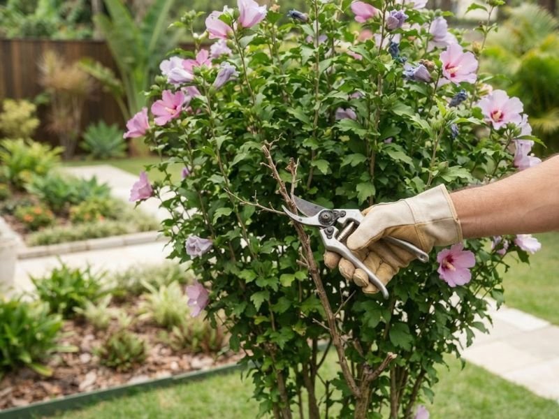 Pessoa utilizando tesoura de poda para remover um galho seco de hibisco da Síria saudável e florido.
