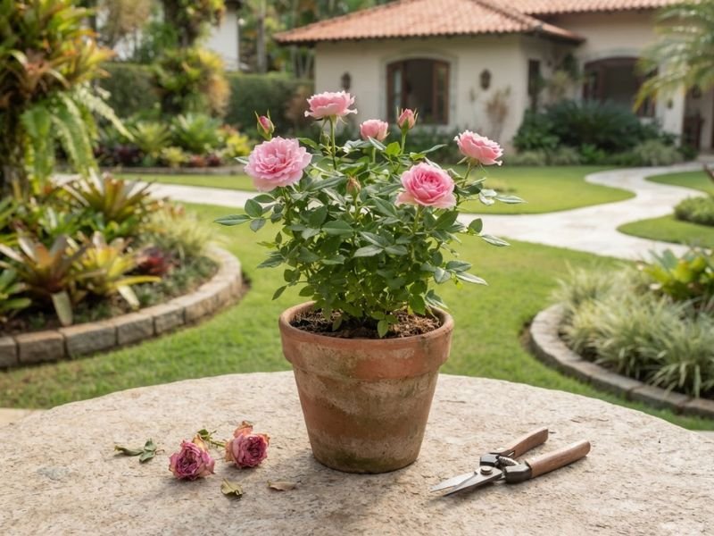 Mini rosa cor-de-rosa com flores secas retiradas e tesoura de poda apoiada ao lado.