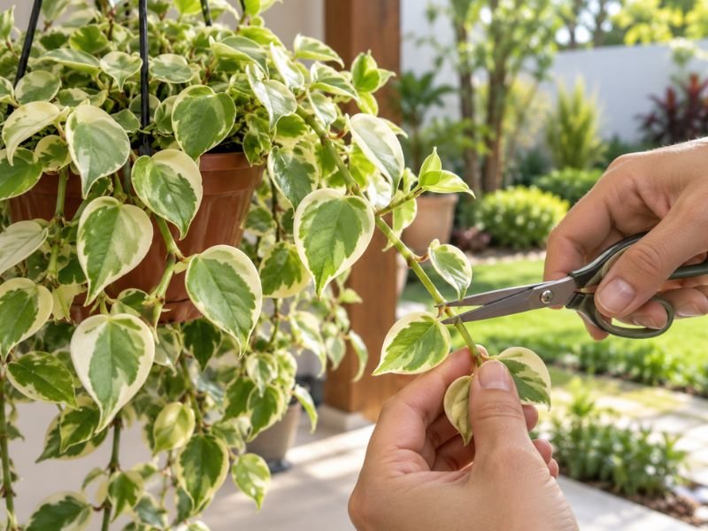 Poda de um ramo de Peperomia scandens variegata com tesoura pequena posicionada próxima a um nó.
