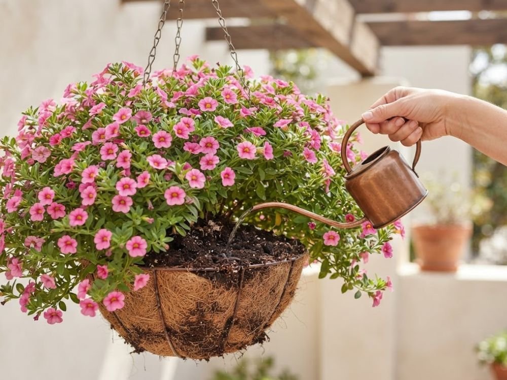 Rega de calibrachoa florida cultivada em vaso suspenso